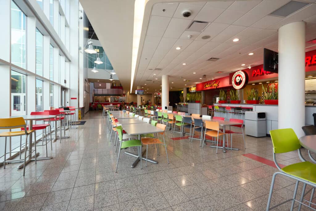 Colorful chairs in the Student Union's dining area