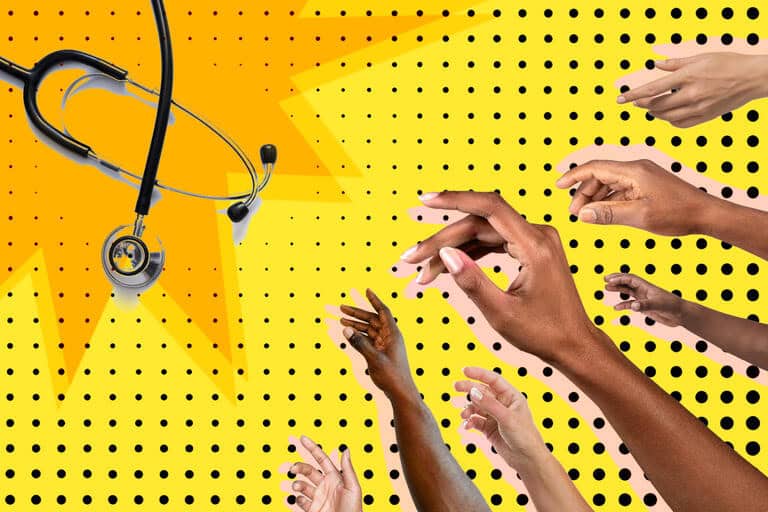 Several hands reach up toward a stethoscope.